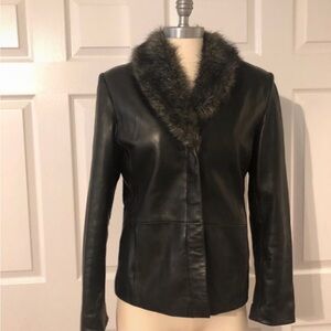 Siena Studio Black Leather Jacket with Faux Fur Collar